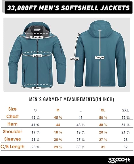 33,000ft Men's Waterproof Warm Softshell Jacket Lightweight Fleece Lining Jackets Hooded Rain Coat Windbreaker for Walking Hiking
