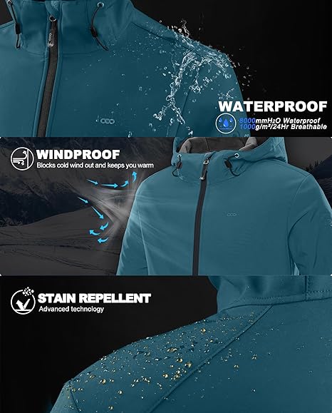 33,000ft Men's Waterproof Warm Softshell Jacket Lightweight Fleece Lining Jackets Hooded Rain Coat Windbreaker for Walking Hiking