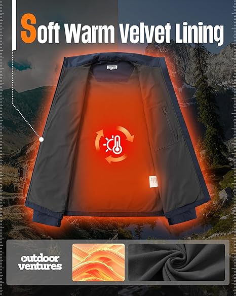 Outdoor Ventures Mens Lightweight Jacket Waterproof Softshell Jackets with Velvet Lined Stand Collar Windbreaker for Hiking Running Cycling Golf